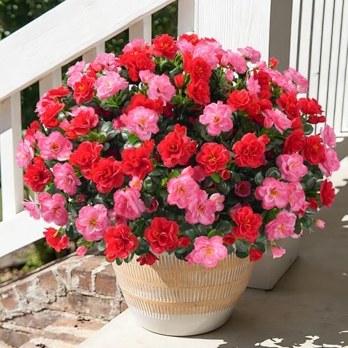 Artificial Faux Outdoor Flowers Plants for Spring Summer Decoration, Fake Silk Camellia UV Resistant Look Real for Planter Outside Front Door Porch Patio Balcony, 3 Large Bundles (Melon Red+Red) by HyeFloraartificialflowers