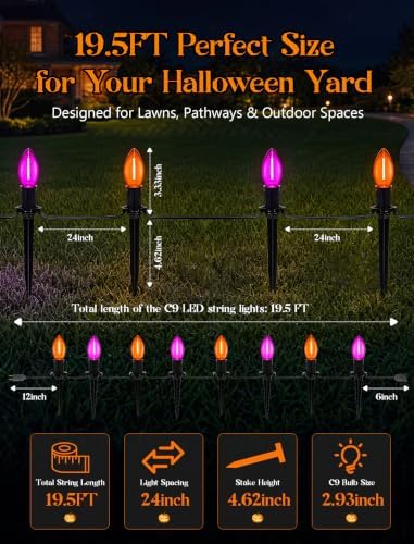 19.5Ft 10 LED C9 Orange and Purple Halloween Pathway Stakes Lights Outdoor - Image 2