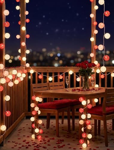 Red Pink and White Cotton Ball String Lights, 8.5Ft Valentine's Day Plug in Fairy Lights with 10 LED Colored Cotton Ball Bulbs, Hanging Globe Cozy Lighting for Girls Bedroom Party Birthday Home Decor - Image 6