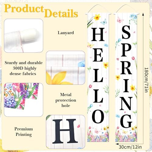 71 x 12 Inches Hello Spring Porch Banner Set – Rustic White Wood Door Hanging Signs with Flowers, Butterflies, and Floral Accents for Farmhouse, Garden, and Spring Porch Decorations Indoor Outdoor - Image 2