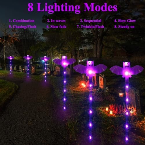 Halloween Decorations Outdoor Solar Bat Garden Lights,6 Pack 56LED Solar Halloween Bats Lights, Waterproof Solar Pathway Lights for Outside Patio Yard Lawn Grave Party Gifts Decor Purple - Image 4