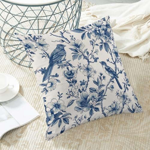 Navy Blue Spring Floral Pillow Covers 20 x 20 Inch Set of 2 for Chinoiserie Vintage Flowers Bird Decor Throw Pillows Plant Farmhouse Outdoor Decorative Cushion Cases for Couch Bed Decorations - Image 4
