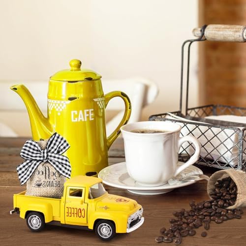 Hooqict Coffee Bar Decor Mini Metal Yellow Truck with Coffee Beans Burlap Sack for Summer Fall Home Farmhouse Kitchen Tiered Tray Decor Coffee Bar Accessories Coffee Station Decoration - Image 3