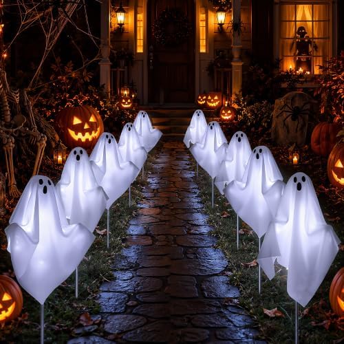 10 Pack Pre-Lit Halloween Ghost Pathway Lights w/ 240 LEDs & 8 Modes by DTNESS