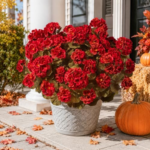 Fake Geraniums Artificial Flowers for Outdoors Fall Autumn Decoration, 6 Bundles Silk Geraniums Look Real Faux Fall Flowers Plants for Front Door Garden Planter Patio Balcony Yard Home Indoor, Red - Image 2