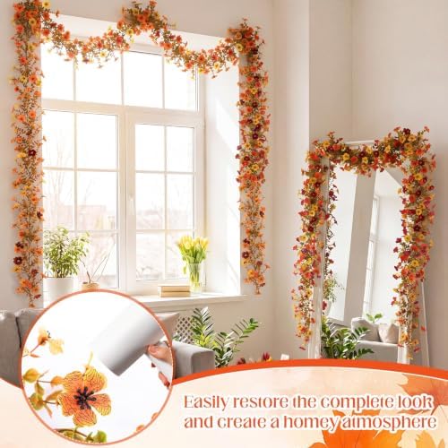 4 Pcs 6 ft Artificial Flowers Wisteria Garland Fake Hanging Wisteria Flowers Green Vines Garlands, Faux Flower Daisy with Eucalyptus Leaves for Garden Decor (Mixed 3 Orange) - Image 6