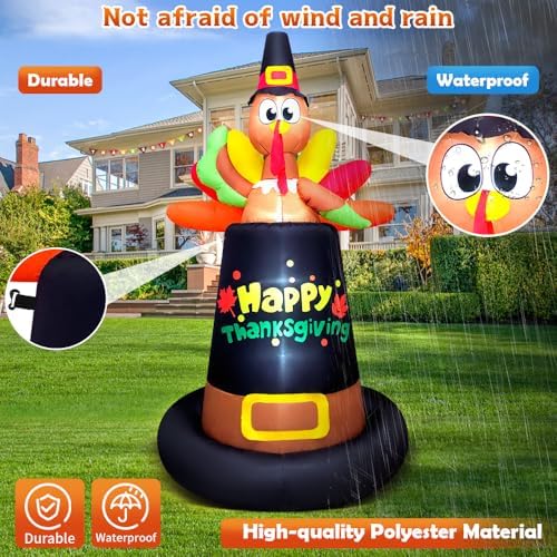 8FT Thanksgiving Inflatables Outdoor Decoration Inflatable Turkey Sits on Pilgrim Hat, Built in LED Lights Blow Up Yard Decorations for Fall Holiday Party Garden Lawn Décor - Image 5