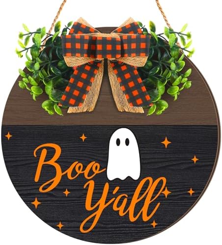 Moucuny Halloween Wreath for Front Door Wooden Boo Ghost Door Sign with Bow by Moucuny