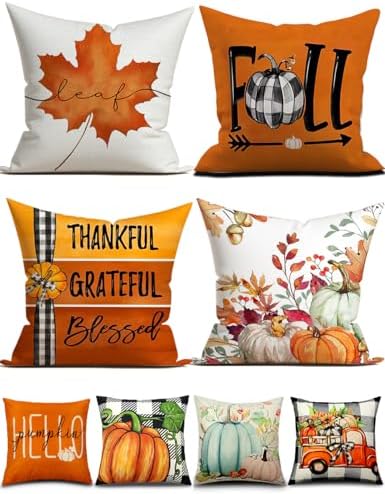 TOYPOPOR Fall Decorations Pillow Covers Double-Side Printing 18'' x 18'' Set of 4, Pumpkins Thankful Blessed Buffalo Plaid Fallen Leaves Thanksgiving Throw Cushion Cases for Outdoor Indoor Home Decor by TOYPOPOR