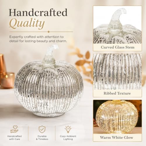 Silver Mercury Glass Pumpkin Light with 2 Lighting Modes and 6-Hour Timer, 5.5 x 6 Inch Battery Operated Fall Decor for Thanksgiving and Christmas Table Centerpiece - Image 5