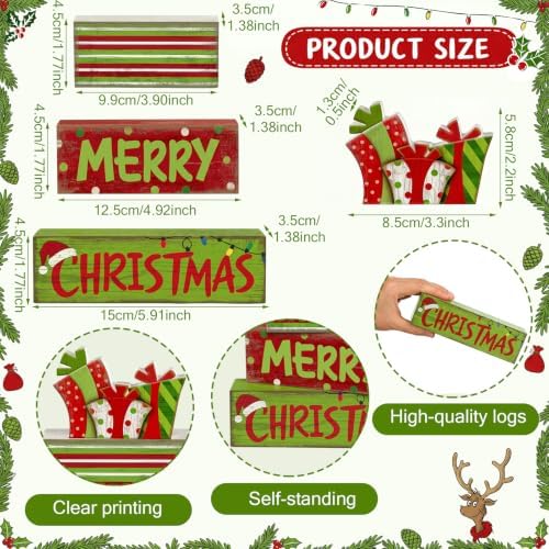 Lineshading 4 Pcs Christmas Table Decor - Red Green Gift Box Wooden Blocks - Image 5