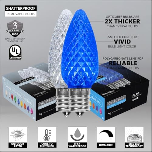 Wintergreen Lighting 100’ OptiCore LED Blue and White Christmas Pathway Lights, C9 Outdoor Christmas Lights, 4.5” Stakes, Green Wire Plug String Lights - Image 3