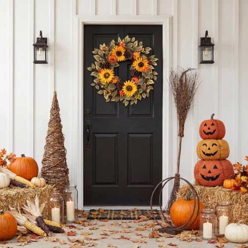 Pinkpum 20" Fall Wreath Front Door Pumpkin Sunflower Pine Cones Wall Decor - Image 4