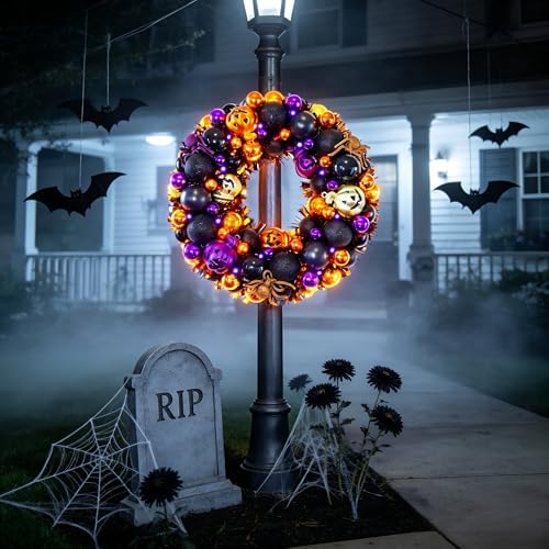 HipTree 13.8 Inch Halloween Ball Wreath for Front Door with Lights - Image 5