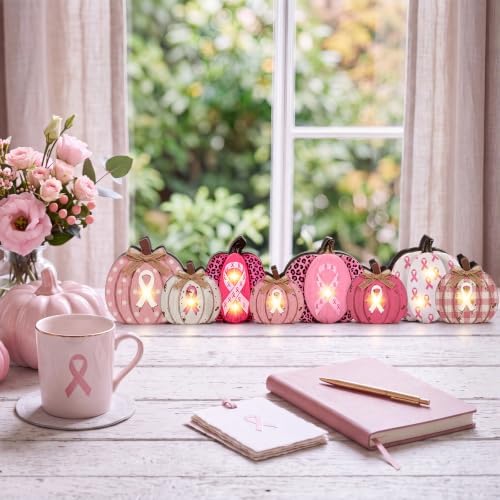 Yousoontic Breast Cancer Awareness Table Decorations, Light up 3D Wooden Pumpkin Table Centerpiece, LED Pink Ribbon Pumpkin Decor, Rustic Farmhouse Sign for Pink October Fall Mantel Desk Home Party - Image 5