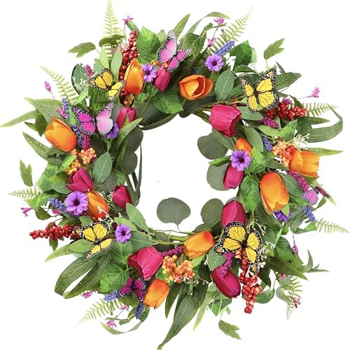 Sggvecsy Spring Summer Wreath for Front Door 22 Inch Artificial Tulips Wreath with Eucalyptus Leaves Lavender Ferns Colorful Silk Flowers Butterflies for Home Farmhouse Indoor Outdoor Wall Decor by Sggvecsy