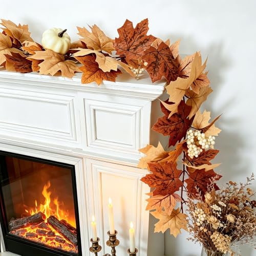 4 Pack Fall Garland with Lights-Total 24Ft Autumn Leaves Garland for Mantle Fireplace-Brown Fall Decor for Front Door with Pumpkins Indoor Maple for Stairs Porch Thanksgiving Decorations - Image 7