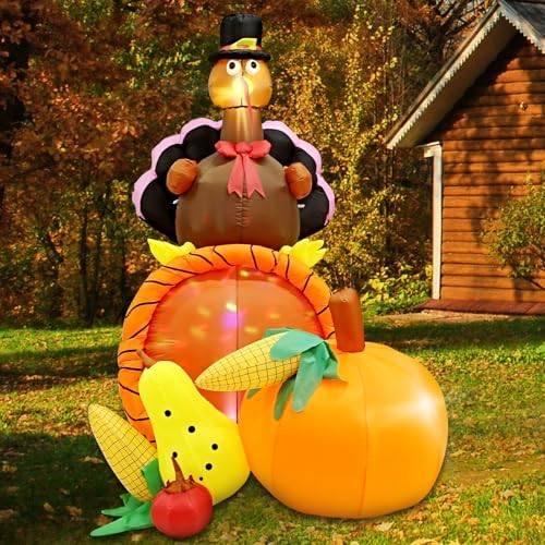 Inflatable Turkey Yard Decorations Thanksgiving Inflatables, 7FT Long Giant Blow up Turkey on Cornucopia with Built-in LED Rotating Lights, for Fall Lawn Party Holiday Decorations Outdoor - Image 2