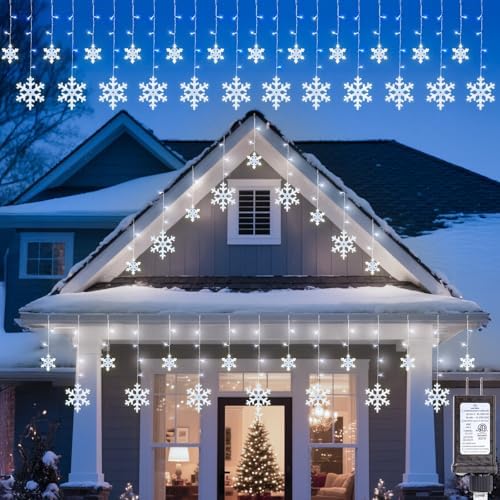 Brightown Christmas Snowflake Lights Outdoor - 13FT 192LED Snowflake String, 16 Drops, 12 Modes, Timer, IP65 Waterproof, Connectable Xmas Lights for Eaves Windows, Indoors & Outdoors by Brightown