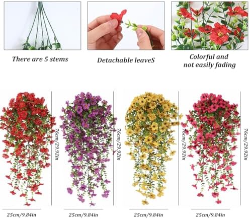 Artificial Hanging Flowers for Outdoor Spring Decoration, 4PCS Fake Silk Daisy with Eucalyptus Leaves UV Resistant Look Real Faux Flowers for Outside Porch Patio Window Box Yard Home Decor (Mix Color) - Image 5