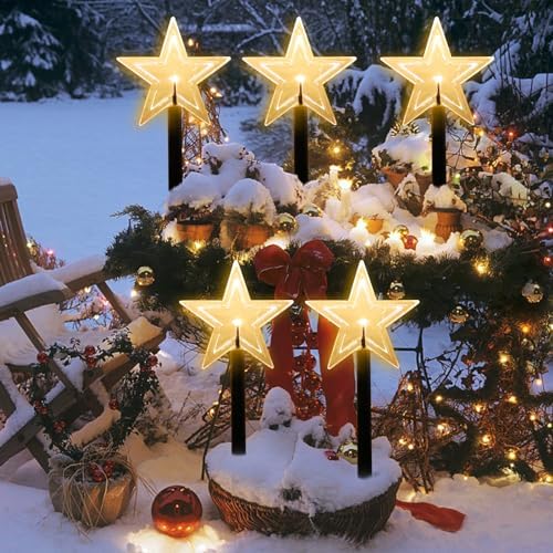 Mycznsyard Christmas Star Pathway Light 5 Pack Christmas Decorative Lights Battery Powered Waterproof LED Night Lights for Outdoor Ground Lawn Landscape Holiday Party Christmas Decor (Warm White) - Image 3