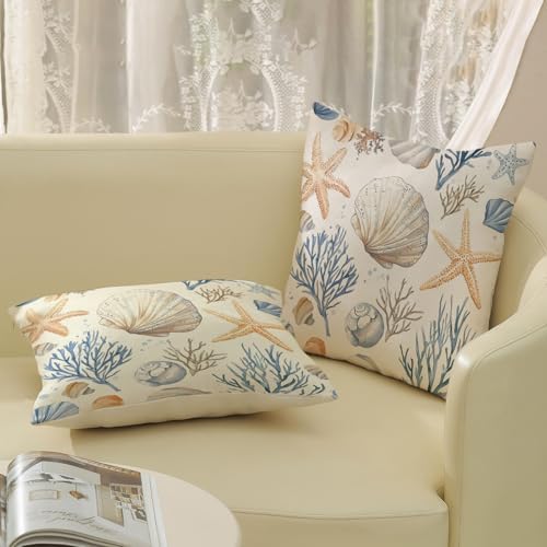 Coastal Pillow Covers 18x18 Inch Set of 2 Blue Ocean Nautical Starfish Pillow Covers Summer Outdoor Beach Coral Shell Decorative Pillow Cases Linen Square Cushion Cover Decor for Couch Sofa - Image 5