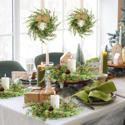 6 Pcs 9 Inch Christmas Wreaths for Kitchen Cabinet Artificial Cedar Pine Hanging Wreath with Red Berries Pine Needles for Front Door Xmas Swag Wreaths for Christmas Winter Farmhouse Home Decorations - Image 4