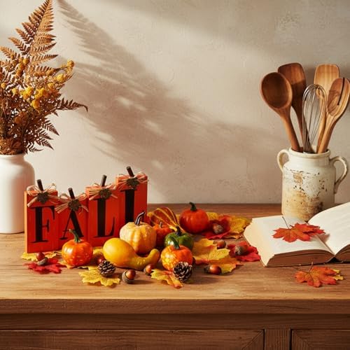 Roowest 50 Pcs Fall Pumpkins Harvest Decoration Set Mini Artificial Gourd Autumn Leaves Acorns Decorations and 4 Pcs Thanksgiving Wood Tabletop Decor Block Signs for Harvest Autumn Home Decor - Image 5