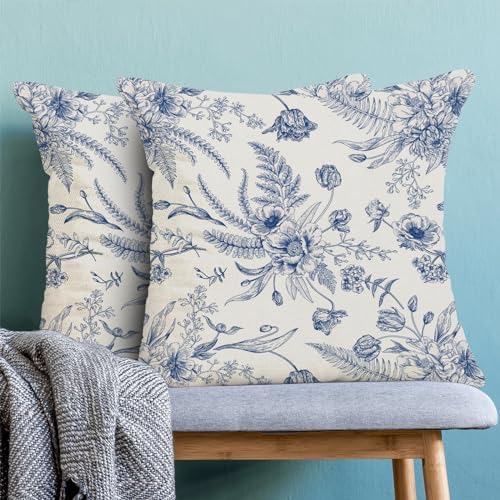 CXMEIFLY Spring Floral Leaves Pillow Covers 18 x 18 Inch Set of 2 for Chinoiserie Flowers Decor Throw Pillows Blue and White Seasonal Plant Outdoor Decorative Cushion Cases for Couch Bed Decorations - Image 2
