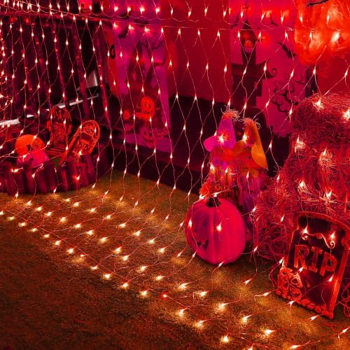 YEGUO Halloween Net Lights Outdoor Mesh Lights, 12ft x 5ft 360 LED Red Christmas Light Outdoor Waterproof, 8 Modes Connectable Clear Wire Halloween Bush Light Plug in - Image 3