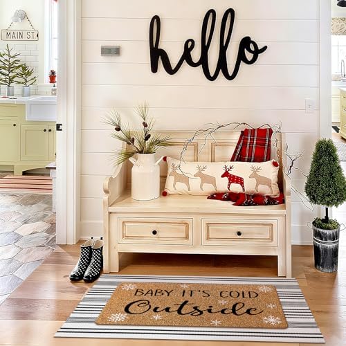 Duraaamo 2 Pcs Baby It's Cold Outside Door Mat Winter Christmas Nature Coir Welcome Outdoor Rug Black White Stripe Outdoor Christmas Front Porch Rugs Non Slip Floor Mats Indoor Entrance Decor - Image 6