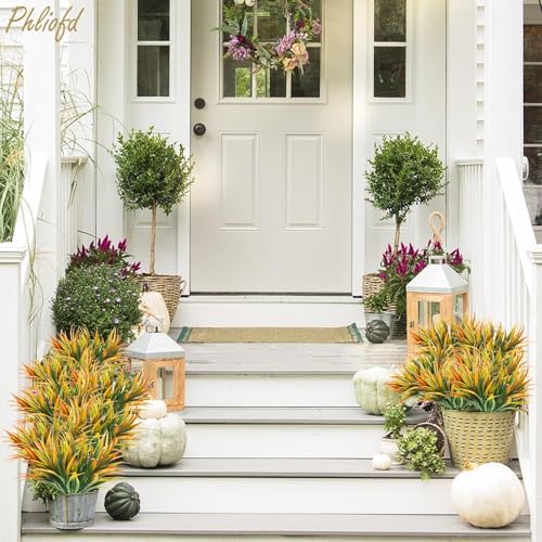 32 Pcs Artificial Grass Fake Plants 17.3in Outdoor Plastic Plants UV Resistant Greenery Fake Grass for Home Window Garden Office Patio Hanging Planter Pathway Front Porch Décor Orange Yellow - Image 2
