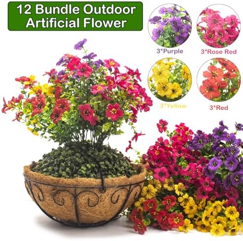 Grunyia Artificial Hanging Flowers Basket with Colorful Silk Daisies & Eucalyptus - UV/Sun-Resistant Plant for Outdoor Porch, Patio, Balcony - Indoor/Outdoor Home Decor by Grunyia