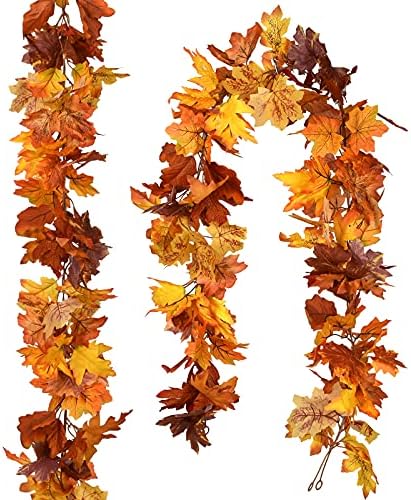 DearHouse 2 Pack Fall Maple Leaf Garland - 5.9Ft/Piece Hanging Vine Artificial Autumn Foliage for Thanksgiving, Home, Wedding, Fireplace, Party, Christmas Decor (Light Orange) by DearHouse