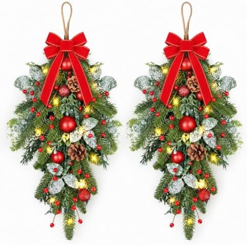 2 PCS 24" Artificial Christmas Teardrop Swag Norfolk Pine Teardrop Door Swag Xmas Cedar Swags Wreath with Berry Pinecone for Front Door Winter Cabinet Mantle Fireplace Wall Indoor Outdoor Home Decor by Unknown