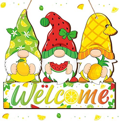 Summer Welcome Sign Wooden Fruit Gnome Hanging Sign Holiday Door Sign with Ropes Hanging Decoration with Lemon Watermelon for Summer Front Door Porch Farmhouse Outdoor Home Decor (Gnome Fruit) by Panelee