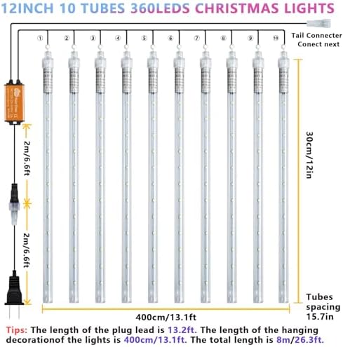 Christmas Red Meteor Shower Lights Outdoor - 12 Inch 10 Tube 360 LED High Brightness Falling Rain Icicle Cascading Lights for Xmas Halloween Tree Eaves Patio Decor (Can Connect 100 Sets) - Image 6