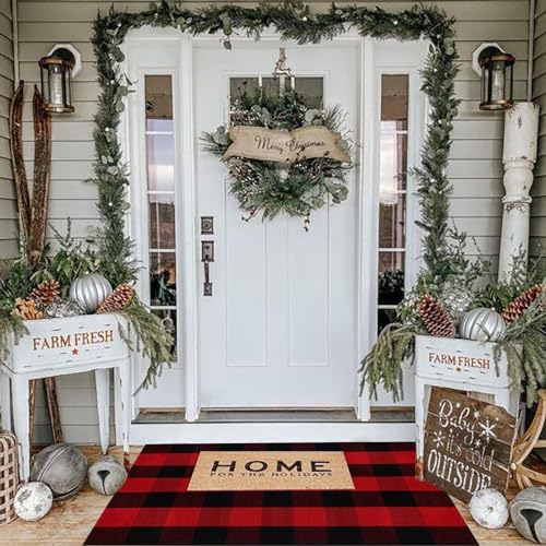 Christmas Door Mat Outdoor 27.5"x43" Buffalo Plaid Christmas Decor Rug Cotton Hand-Woven Layered Door Mats Washable Carpet for Front Porch, Kitchen, Farmhouse, Entryway - Image 3