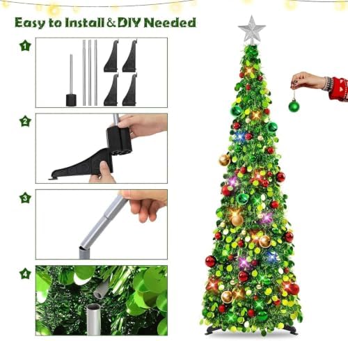 N&T NIETING Pop Up Christmas Tree with Lights & 30 Balls, 5Ft Collapsible Green Tinsel Christmas Tree Decoration for Holiday Xmas Home Office Decor - Image 6