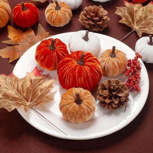 21 PCS Fall Artificial Velvet Pumpkins Set, Fake Fabric Pumpkin Faux Foam Pumpkins, Orange Khaki White Pumpkin Decorations for Fall Harvest Thanksgiving Farmhouse Mantel Centerpiece - Image 5