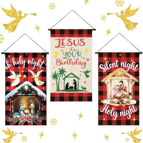 Tegeme 3 Pcs Nativity Christmas Door Sign Flag Christmas Holy Night Door Banner Jesus Nativity Flag 12 x 19 Inch Holiday Hanging Decoration for Home Outdoor by Tegeme