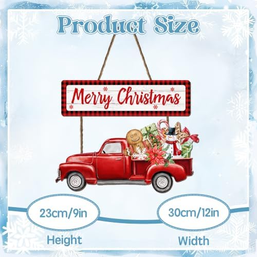 Merry Christmas Sign Wreath for Front Door Decor 12x9in Xtmas WelcomeTruck Sign Christma Hanging Door Decoration Welcome Sign for Home Farmhouse Porch Wall Indoor Outdoor Xmas Holiday - Image 2