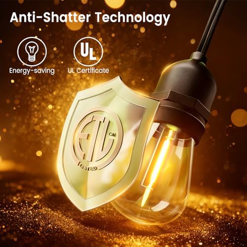 96ft Outdoor String Lights with Remote & Dimmer,48+4 Commercial Grade IP65 Waterproof Bulbs, 2700K Warm White,3 Lighting Modes & Timer,Includes 50 Cable Ties for Patio,Garden, Party（48FT*2） - Image 6
