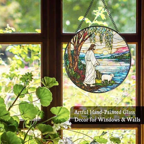 Jesus and Lamb Stained Glass Window Hanging Suncatcher, Christian Willow Tree Sun Catcher Indoor Window Decor, Religious Painted Glass Round Wall Hanging Decorations, 7.8x7.8 in - Image 4