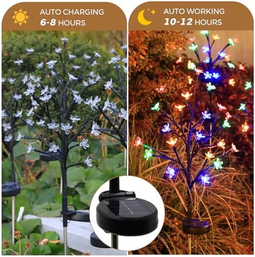 Solar Garden Lights Outdoor Garden Decor, 2 Pack Cherry Blossom Solar Flowers Outdoor Waterproof Fairy Solar Lights, Outside Yard Decorations for Patio Pathway Decor, Gardening Gifts for Women Mom - Image 4