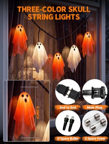 8.5FT 10 LED Halloween Orange and White Fabric Ghost String Lights Outdoor - Image 4