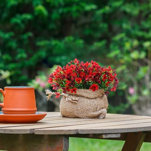 Artificial Faux Plants Flowers Outdoor Spring Summer Decoration, 12 Bundles Fake Silk Colorful Daisy Eucalyptus Realistic UV Resistant for Outside Home Planter Porch Patio Yard Decor (Red Brown) - Image 6