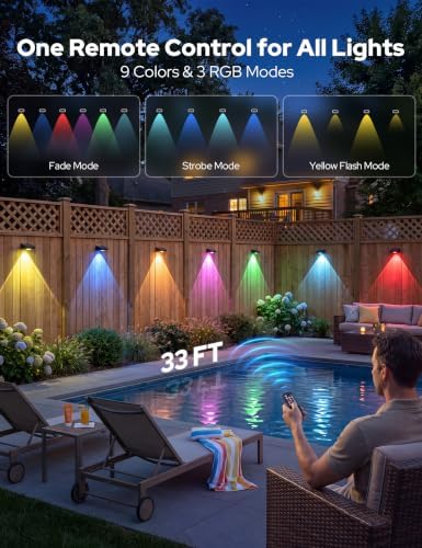 JOFIOS Fence Lights Solar Powered with Remote, 9 Fixed Colors ＆ Color Changing White Fence Lights Waterproof IP65 Dusk-to-Dawn LED Deck Lighting for Patio, Pool, Porch, Backyard, Wall, 12 Pack - Image 2