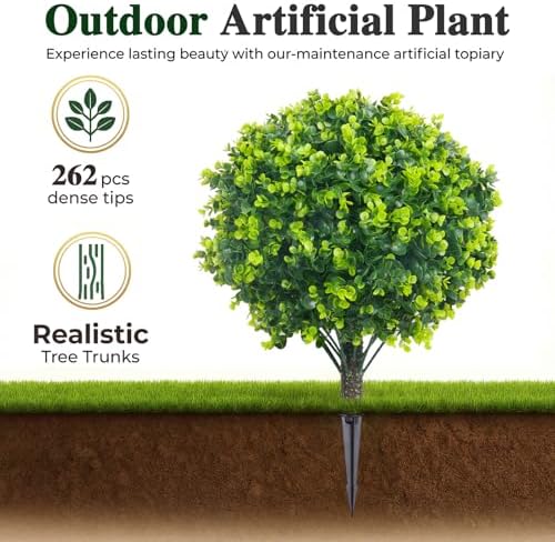 PATIO CHOICE Topiary Trees Artificial Outdoor Boxwood Ball Trees with Ground Spike Set of 2 22" Fake Outdoor Plants Faux Bushes and Shrubs Decorations for Outdoor Indoor Front Porch Garden - Image 2