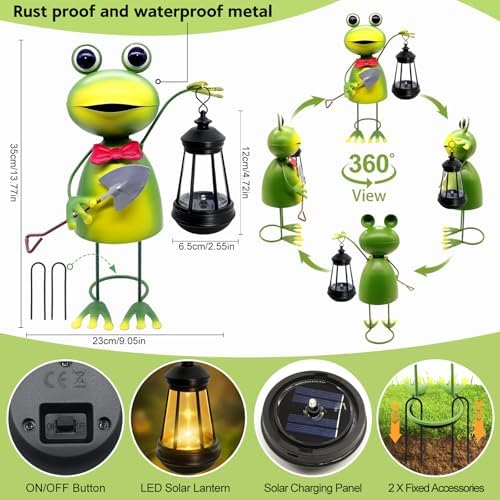 Solar Garden Lights Frog Statue with Solar Lantern,13.78in Tall Frog Decor - Image 3